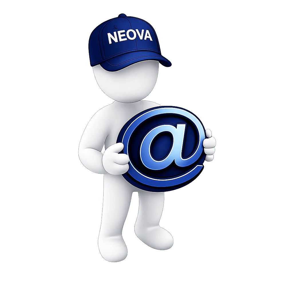 Animated man with a blue cap holding a email at sign in the hand.