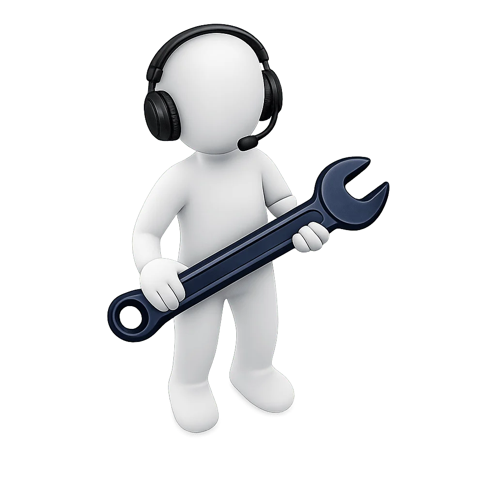 animated man with a black headset holding a dark blue wrench,