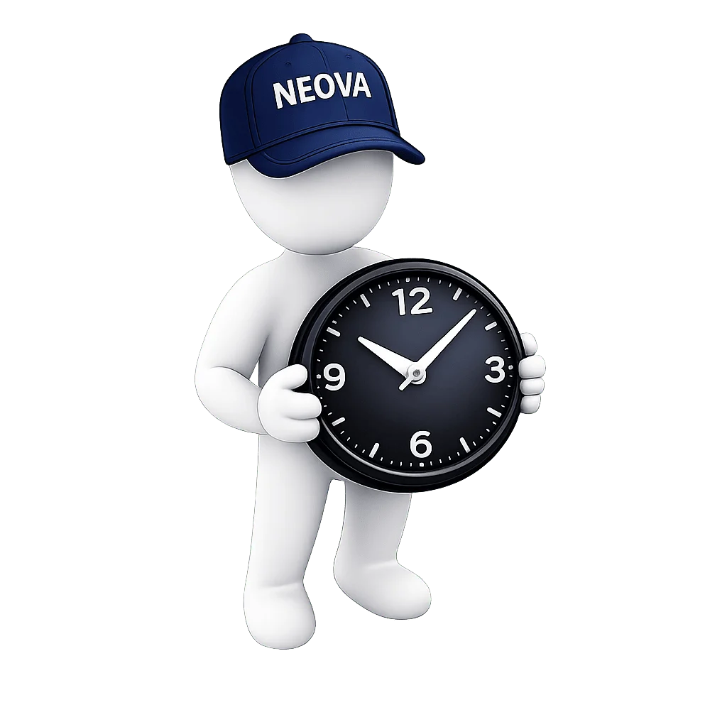 animated man with a dark blue cap holding a black big clock.