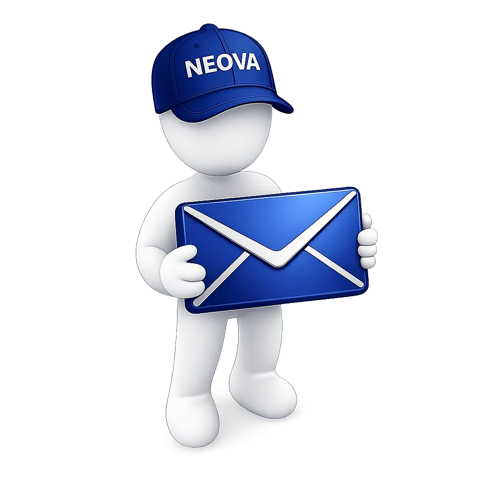 Animated man with a blue cap holding a big blue envelope.