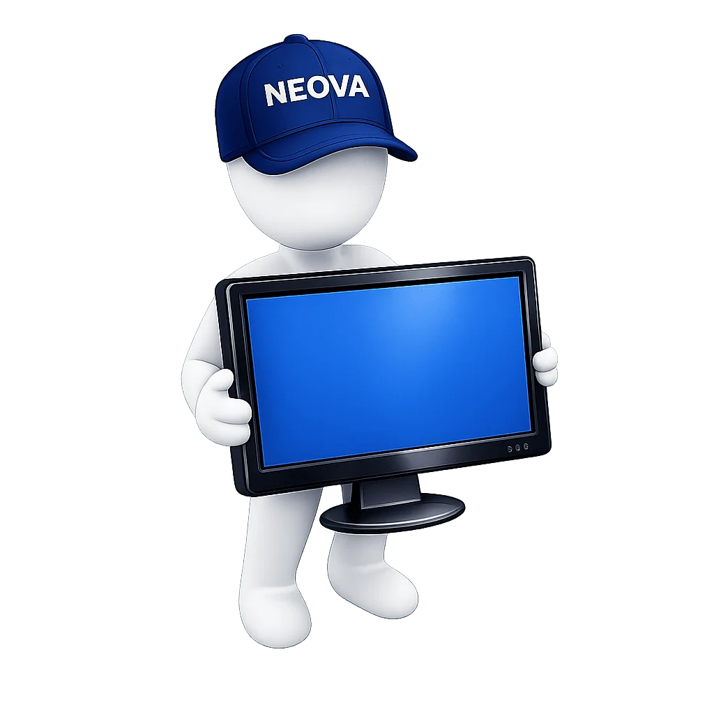 Animated man with a blue cap holding a big computer screen.